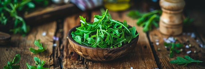 Fresh Organic Arugula Leaves in Rustic Wooden Bowl, Healthy Eating. Salad Ingredient Background.