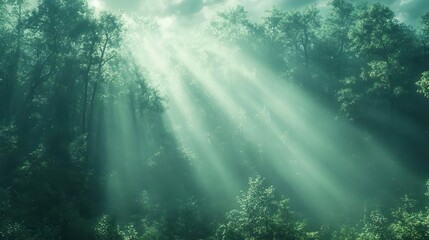 Wall Mural - ethereal forest dawn misty forest canopy bathed in soft early morning light sunbeams filter through the fog creating a dreamlike atmosphere perfect for natureinspired designs