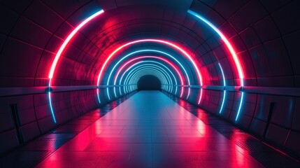 futuristic neon tunnel with bright red and blue lights