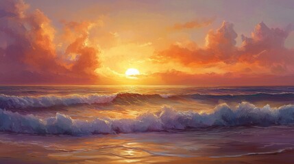 A golden sun setting over a peaceful ocean, with soft waves and a sky painted in hues of orange, pink, and purple.