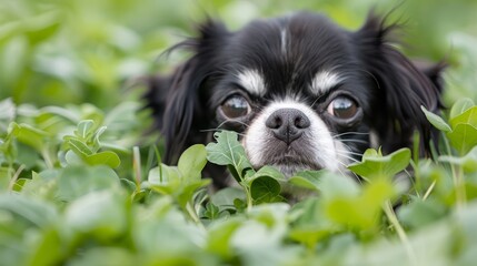 Wall Mural -  A small black-and-white dog lies in a field of green leaves, gazing sadly at the camera