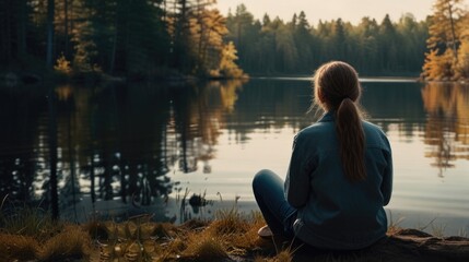 rear view woman is sitting on the shore of a forest lake