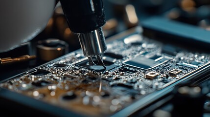 Poster - Close-up of a circuit board being worked on, showcasing electronic components and tools.