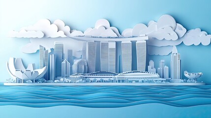 10. A 3D paper cut scene of the Marina Bay Sands in Singapore, with layered modern architecture and the skyline behind, all set on a solid backdrop