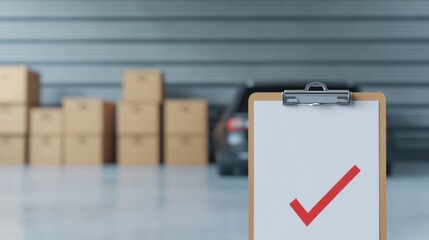 A clipboard with a checkmark stands in front of stacked boxes in a modern garage, symbolizing organization and efficiency.