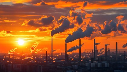 Wall Mural - Stunning sunset illuminating an industrial cityscape with smokestacks against an orange sky, capturing the stark reality of urban pollution