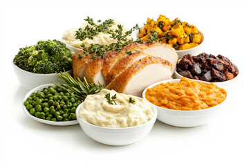 Thanksgiving dinner featuring roast turkey, mashed potatoes, stuffing, peas, sweet potatoes, greens on white background