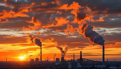 Wall Mural - Stunning sunset illuminating an industrial cityscape with smokestacks against an orange sky, capturing the stark reality of urban pollution