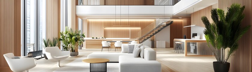 Wall Mural - Modern Living Room Interior Design with Wooden Walls and White Furniture.