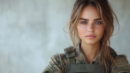 fearless female warrior young woman in modern military gear strikes a confident pose arms crossed against a stark white backdrop her expression exudes determination and strength