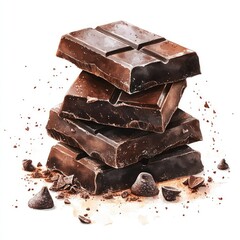 A stack of four dark chocolate bars with chocolate chips and cocoa powder scattered around.