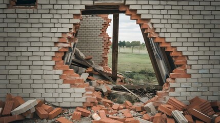 A destroyed brick wall cut out from a building with debris and broken bricks scattered around. The wall has multiple cracks and a large hole in the middle.