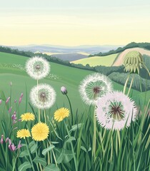 Wall Mural - A field of white flowers in soft colors. Dandelion flowers in a meadow with a blue/green hill in the background. Scenic flower field in spring with a blue-green hill in the background.