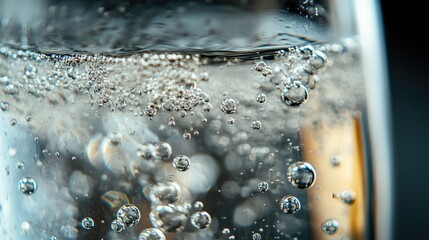 Wall Mural - Close-up of sparkling water with bubbles rising in a glass.