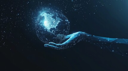 Wall Mural - human arm or hand or palm is touching planet earth. digital image of globe. low poly blue. polygonal