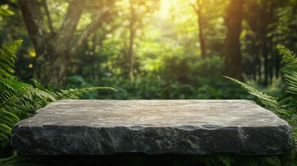 Canvas Print - Stone Platform In Lush Tropical Forest With Sunlight