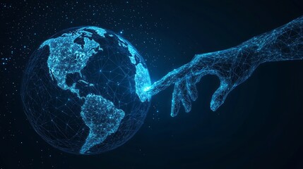 Wall Mural - human arm or hand or palm is touching planet earth. digital image of globe. low poly blue. polygonal