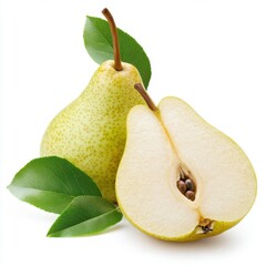 Pear halves with leaves isolated on a white background. Includes a clipping path