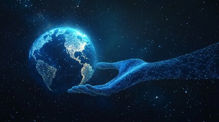 Wall Mural - human arm or hand or palm is touching planet earth. digital image of globe. low poly blue. polygonal