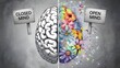 © BISO - illustration of a brain split in two halves. closed mind and open mind. The contrast between the two halves highlights the impact of embracing new ideas and perspectives.