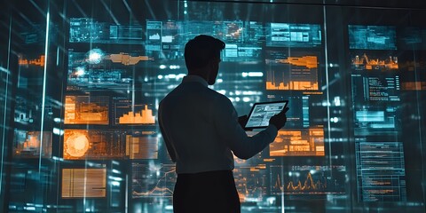 Data Analyst Reviews Cyber Security Performance Charts and Graphs on a Wall of Screens