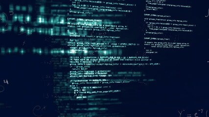 Computer code and data processing animation over dark blue background