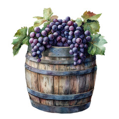 A wooden barrel filled with ripe, luscious grapes and green leaves, perfect for wine or farm-themed designs.