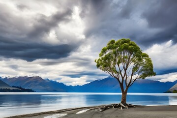 Wall Mural - Lone Tree of Lake Wanaka against cloudy sky, South Island, New Zealand Generative AI