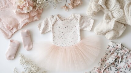 Top view of a collection of baby girl clothes, focusing on a tutu, with a headband, socks, and a floral top on a light surface.