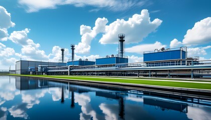 Innovative water treatment facility under clear blue skies emphasizing advanced infrastructure for sustainable water management