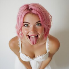 Sticker - A young woman with pink hair sticks her tongue out playfully against a white background.