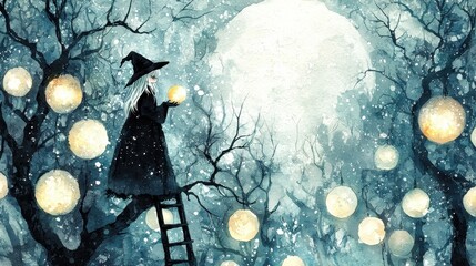 Poster - Enchanting Witch with Magic Orb in Watercolor Forest Under Moonlit Sky