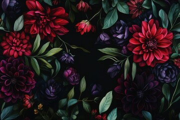 Wall Mural - dark botanical floral arrangement with red and purple flowers, green leaves on black background