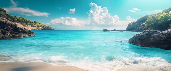 A serene beach with turquoise water and white sand.