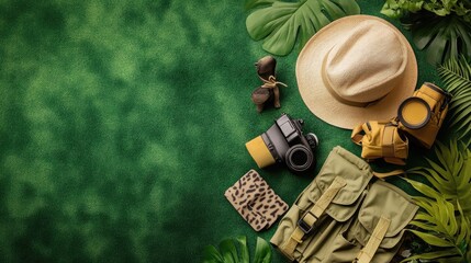 Top view of children's adventure gear, with cargo pants, a safari hat, and a mini backpack, placed on a green surface.