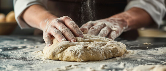 Close-up photo of a Artisan chef's hands working dough.