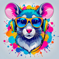  illustration of rat head with headphones and sunglasses on the abstract background.