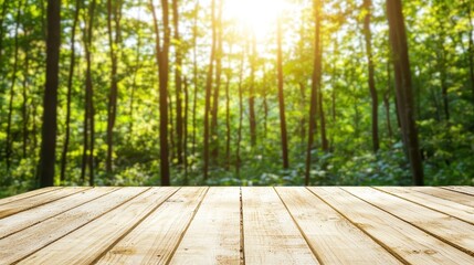 Wall Mural - Wooden Tabletop With Blurred Forest Background