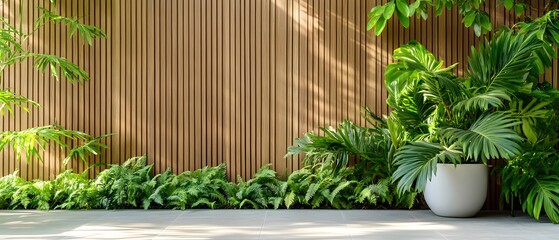 Canvas Print - Wooden Wall with Green Plants and Ferns.