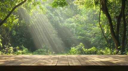 Poster - Wooden Tabletop With Sunbeams Through Green Forest