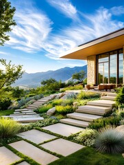 Sticker - Modern Stone Steps Leading to a Luxury Home with Mountain Views.