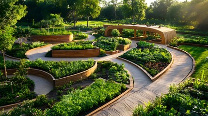 Sticker - Winding Path Through a Lush Garden with Wooden Planters.