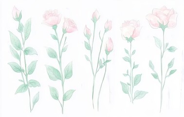 Sticker - Set of elements of roses. Collection garden and wild flowers, branches, illustration isolated on white background, buds, leaves, herbs. Watercolor style.