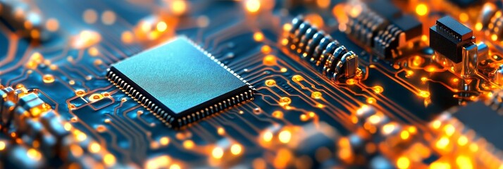 Canvas Print - A close-up image of a microchip circuit board, highlighting the intricate details of its design and the complex network of connections. The image symbolizes technological innovation, advanced computin