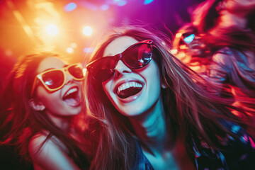 Wall Mural - A group of friends enjoying themselves at the nightclub, dancing and laughing while wearing sunglasses.