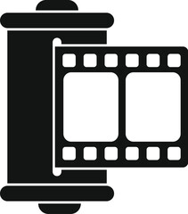 Canvas Print - Simple vector icon of a film strip partially rolled up inside its cartridge, in black and white