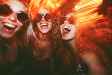 Wall Mural - A group of friends enjoying themselves at the nightclub, dancing and laughing while wearing sunglasses.