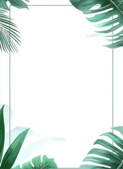 Wall Mural - Background of white with watercolor frame of tropical leaves and branches.