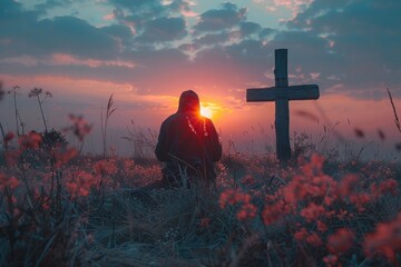 Wall Mural - A person kneeling in prayer at sunset near a cross, surrounded by blooming flowers in a serene landscape