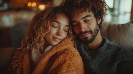 intimate portrait of a couple sitting closely on a cozy couch their body language and expressions conveying warmth and connection set in a softly lit contemporary living room